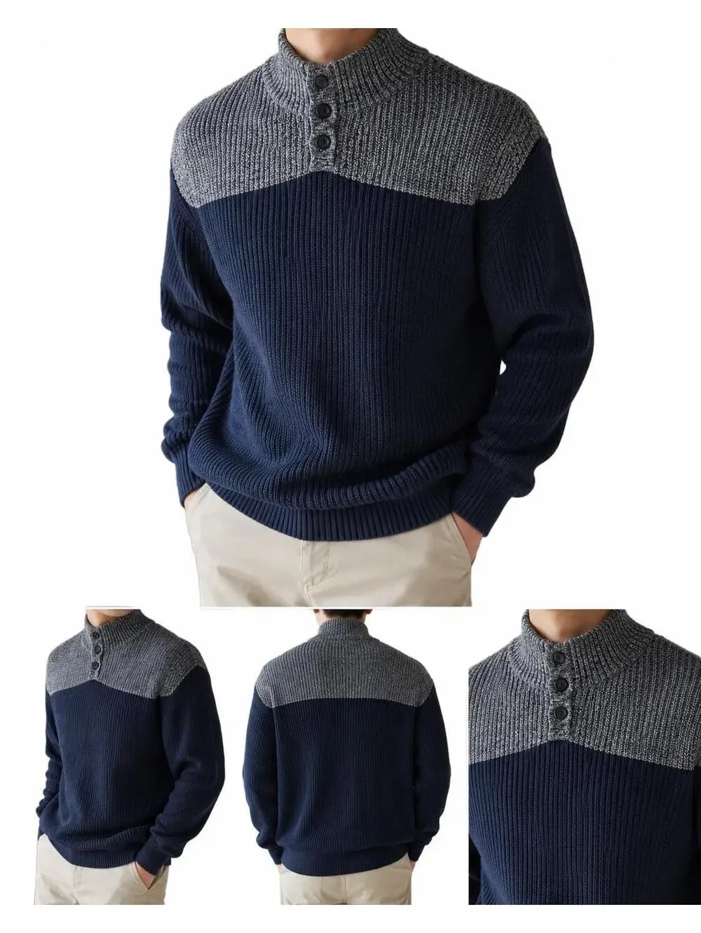 Banana Republic Men's Medium Navy and Gray Ribbed Knit Button-Up Sweater